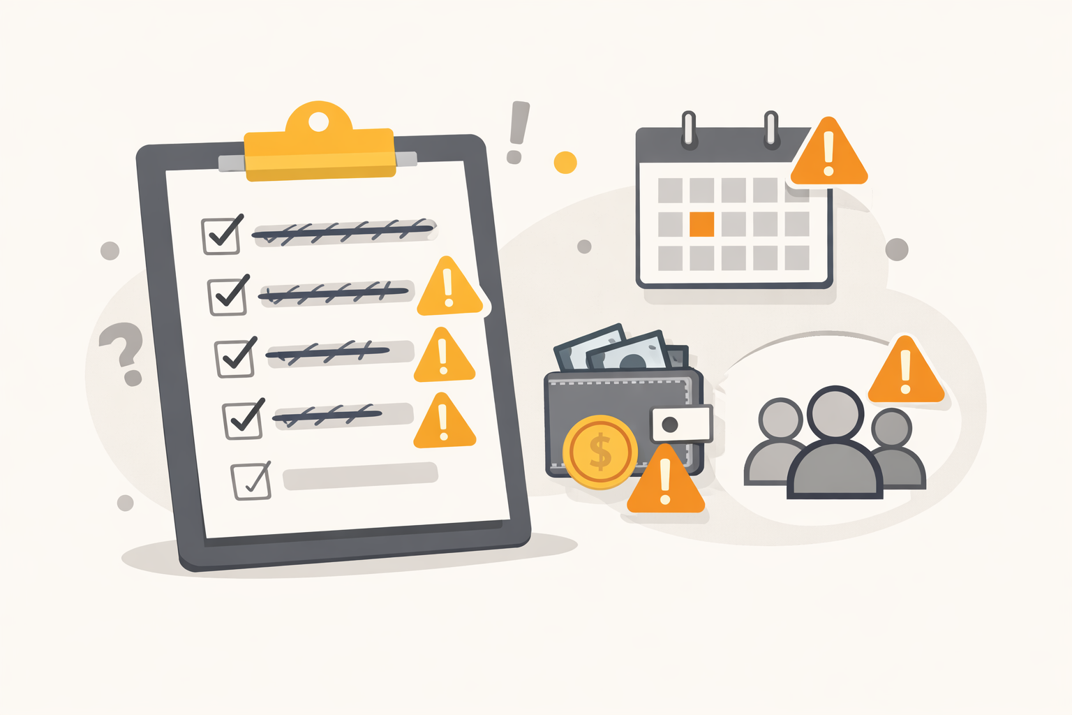 Checklist e ícones representando erros comuns ao organizar evento e como evitar