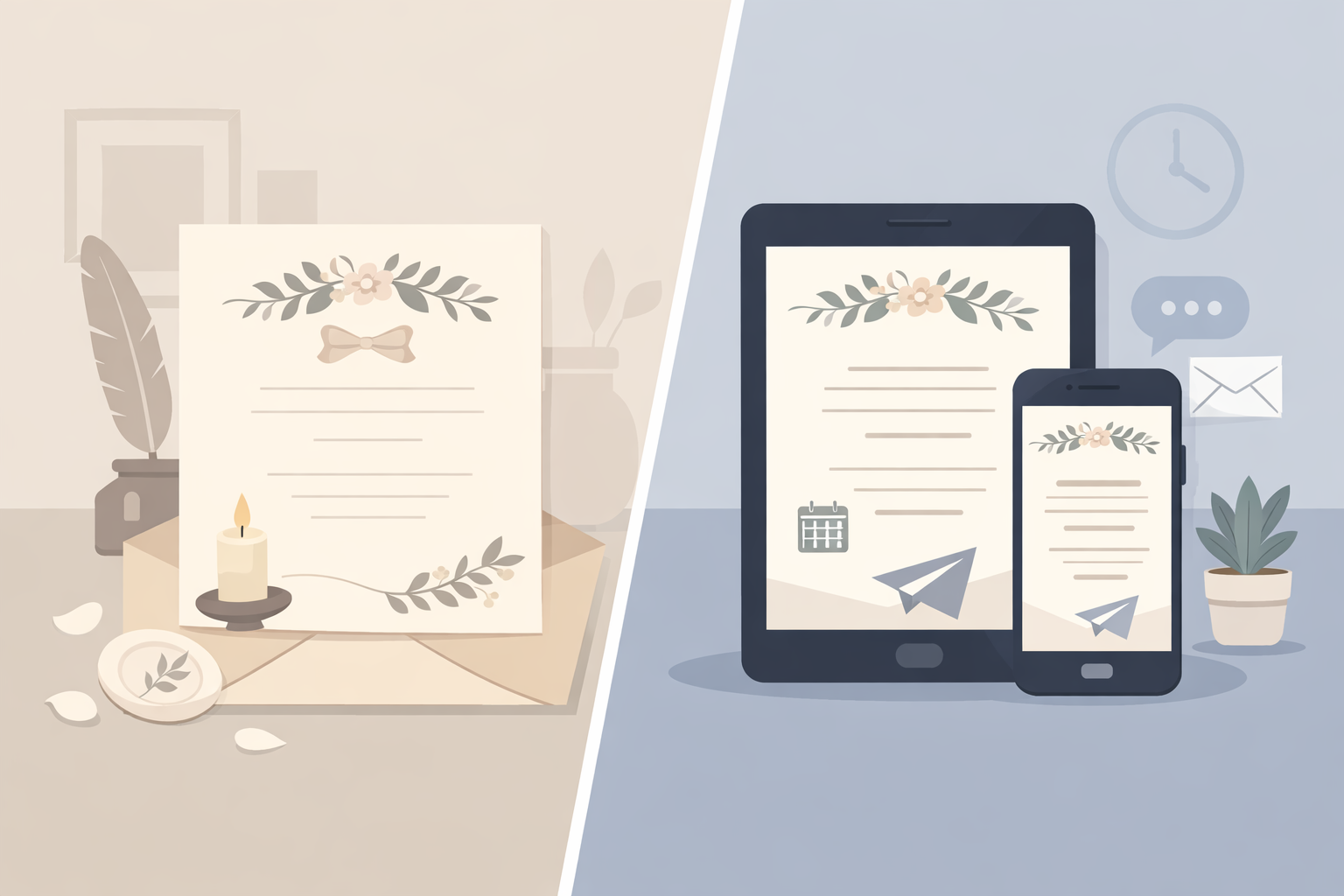 Comparação entre convite digital e convite impresso para evento