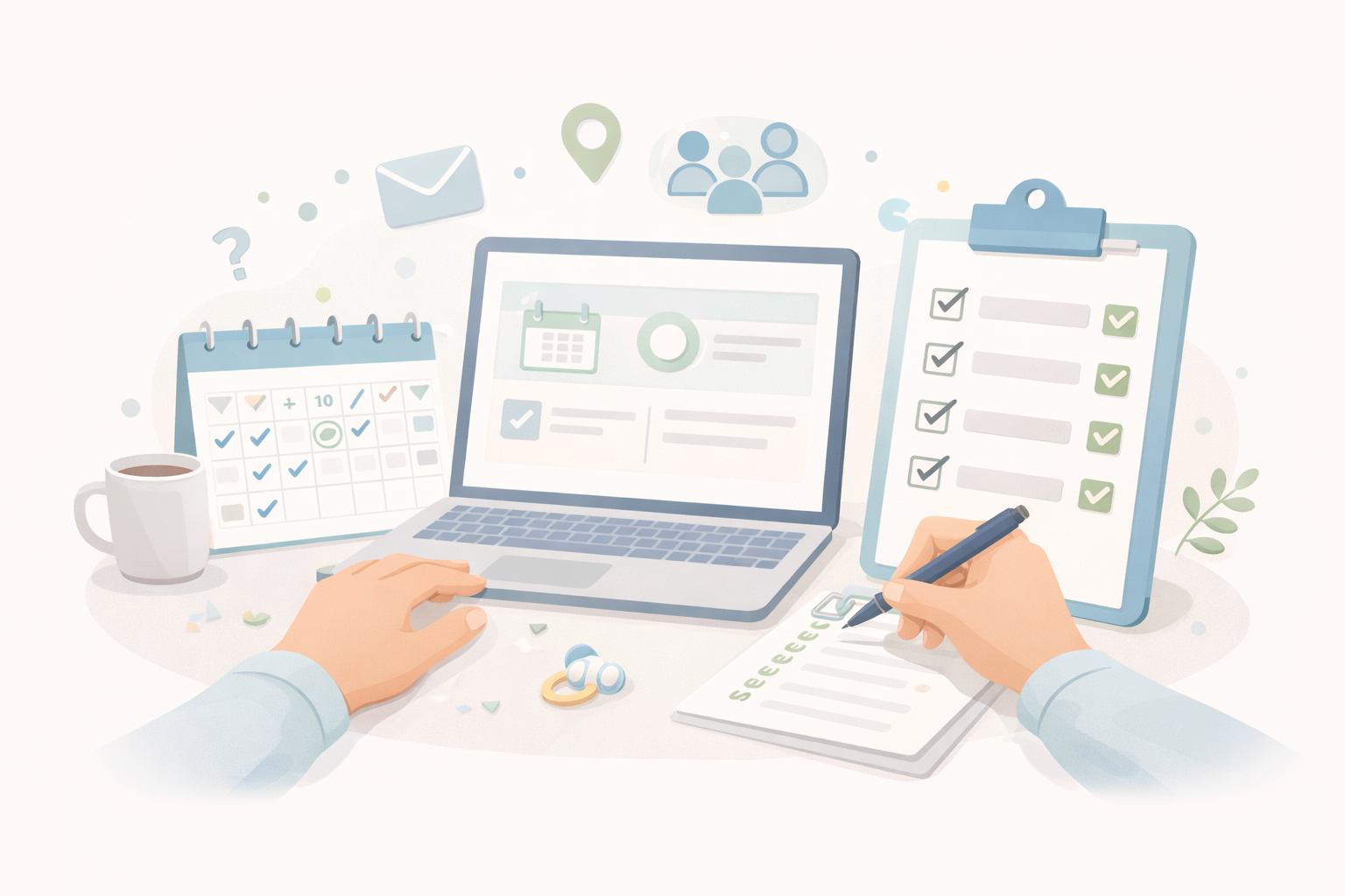 Pessoa planejando evento com checklist, calendário e laptop — organização de eventos